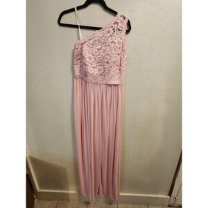 Davids Bridal Dress Womens 8 Pink One Shoulder Lace Chiffon Formal Gown Evening